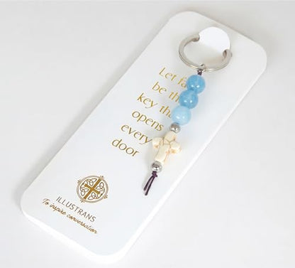 Christian Cross Keychain - Natural Stone Beaded Faith Gift for Baptism, Confirmation or Christmas - color: Sky Blue