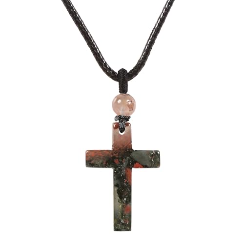Justinstones Natural Gemstone Carved Cross Reiki Chakra Pendant Necklace 22 Inch - color: 30mm African Bloodstone