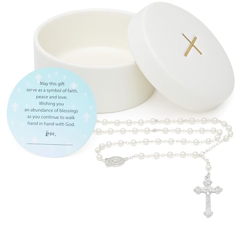 Baptism Gifts for Boys and Girls – White Rosary with Ceramic Keepsake Box and Card - color: White