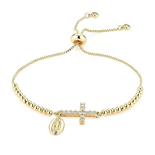 HZMAN 14K Gold Plated Cross Bracelet for Women, Brass Adjustable Bolo Bracelet with CZ, Religious Saint Benedict/Virgin Mary/Jude Pendant Jewelry Gift - color: Virgin Mary