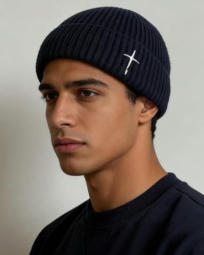 Men's Knitted Skull Cap Cross Embroidered Fisherman Beanie - color: Navy Blue