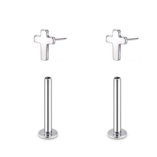 1 Pairs G23 Titanium 20G/18G/16G Press Fit Threadless Push Pop Top 4mm Flat Back Piercing Lip Stud Earring Labret Monroe Lip Ring Tragus Cartilage Bar Lehgth 6mm-12mm - color: 1 Pair Cross