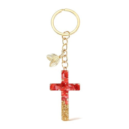 Angyape Cute Christian Cross Keychain for Women Purse Bag Charms Car Key Rings Accessories Flower Design Jesus Faith Gifts - color: H：red