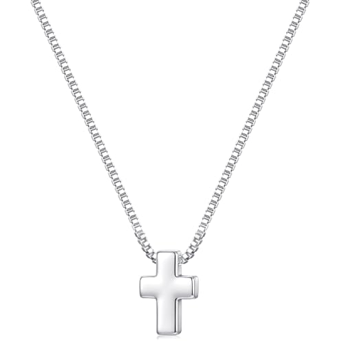 S925 Sterling Silver Mini Cross Necklace for Women - Box Chain Tiny Cross Pendant Necklaces for Women Trendy Jewelry Christian Baptism Religious Faith Jewelry Gifts 16-22 Inches