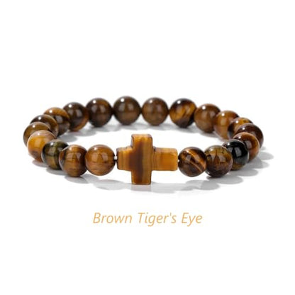 8mm Gemstone Cross Bracelet for Women Men – Stretch Beaded Faith Bracelet with Sideways Cross (Multiple Colors) - style: Brown Tiger's Eye
