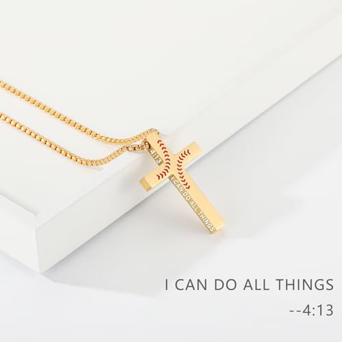 Baseball Bible Verse Cross Necklace for Boys Men, Stainless Steel Cross Pendant Baseball Game Day Christian Religious Jewelry Gifts for Teen Boys Kids - color: Gold, style: PHILIPPIANS 4:13