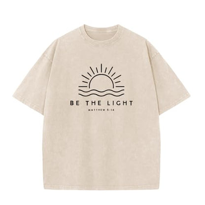 Christian Be The Light Shirts for Men Jesus God Faith Religious Bible Verse T Shirt Oversized Acid Wash Graphic Tees - color: Apricot, size: Large