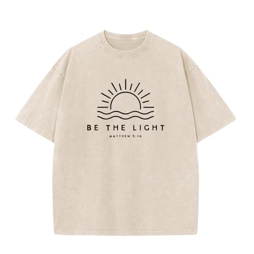 Christian Be The Light Shirts for Men Jesus God Faith Religious Bible Verse T Shirt Oversized Acid Wash Graphic Tees - color: Apricot, size: 3X-Large