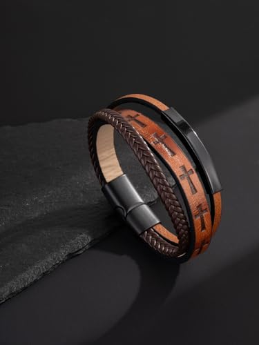 Mens Leather Cross Bracelet Multilayer Braided Wristband Bangle Bracelets with Stainless Steel Buckle Religious Gift for Men Brown/Black/Blue–8.3 inch - color: Light Brown-2, size: 8.3in(Fits most wrists)