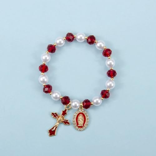 Stretchy Virgin Mary Bracelet with Cross Charm - Multi-Color Pearl Crystal Beaded Catholic Religious Jewelry for Women, Christian Gift for Baptism Confirmation First Communion - color: Red