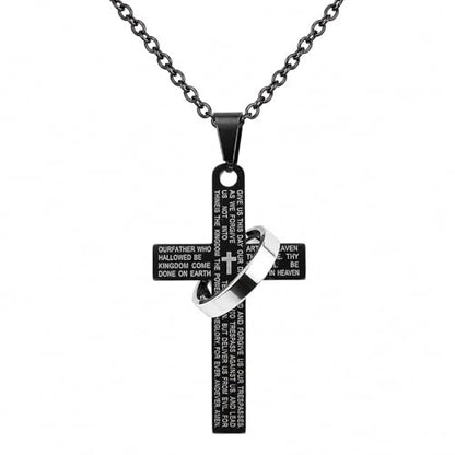 Lord's Prayer Engraved Cross Pendant Necklace with Ring Stainless Steel Religious Jewelry for Men and Women, Faith-Inspired Gift - color: Black