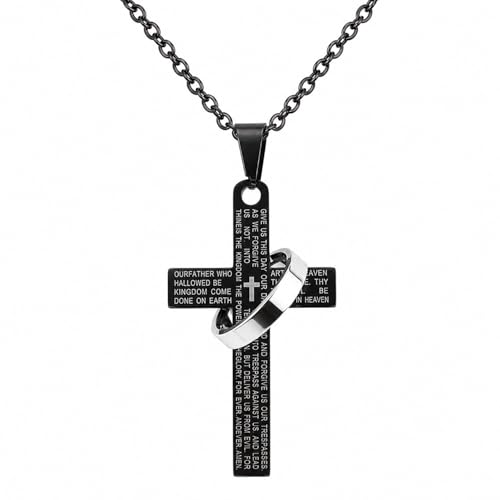 Lord's Prayer Engraved Cross Pendant Necklace with Ring Stainless Steel Religious Jewelry for Men and Women, Faith-Inspired Gift - color: Black