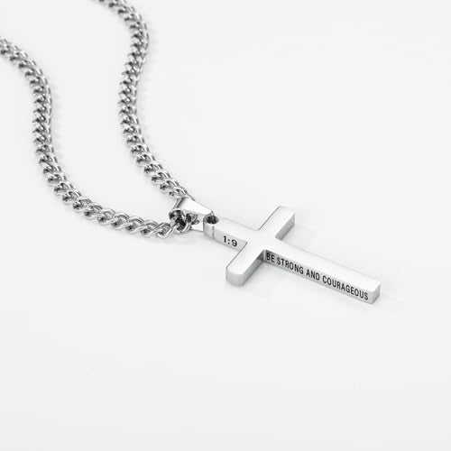Gnamy Cross Necklace for Men Boys Stainless Steel Bible Verse Cross Pendant with Cuban Link Chain (22+2 Inches) | Christian Religious Jewelry Gifts - color: Silver, style: Joshua 1:9