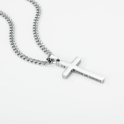 Gnamy Cross Necklace for Men Boys Stainless Steel Bible Verse Cross Pendant with Cuban Link Chain (22+2 Inches) | Christian Religious Jewelry Gifts - color: Silver, style: Joshua 1:9