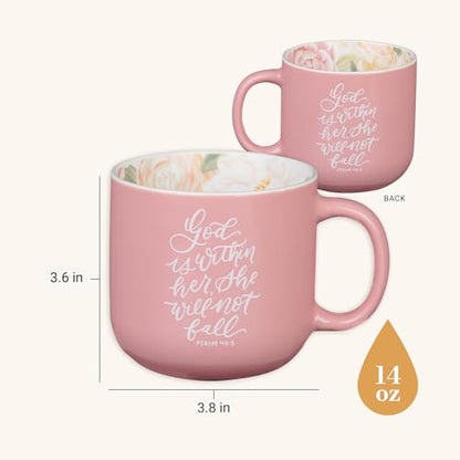 Christian Art Gifts Ceramic Coffee Mug: Psalm 46:5 Bible Verse - color: God is Within Her/Pink Floral, size: 14 Ounces