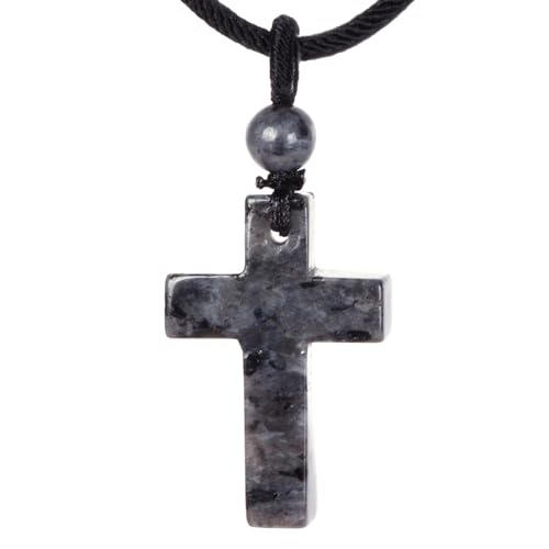 Justinstones Natural Gemstone Carved Cross Reiki Chakra Pendant Necklace 22 Inch - color: 30mm Larvikite