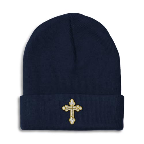 Custom Beanies for Men Gold Outline Orthodox Cross Faith Jesus God Skull Cap Winter Hats Women One Size - color: Navy Design Only