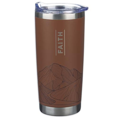 Christian Art Gifts Large 18 oz. Stainless Steel Insulated Travel Mug Tumbler - color: Brown Mountains/Faith