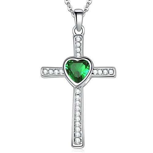 JUDE Stainless Steel Heart Birthstone Cross Statement Wedding Cocktail Party Pendant Necklace - color: May-Emerald
