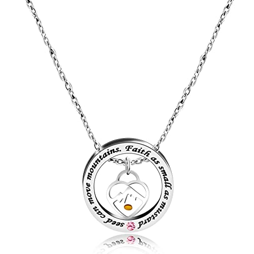 Uloveido Christian Circle Round Ring Necklace Engraved Faith As Small As A Mustard Seed Can Move Mountains Y958 - style: Pink CZ-heart mountain