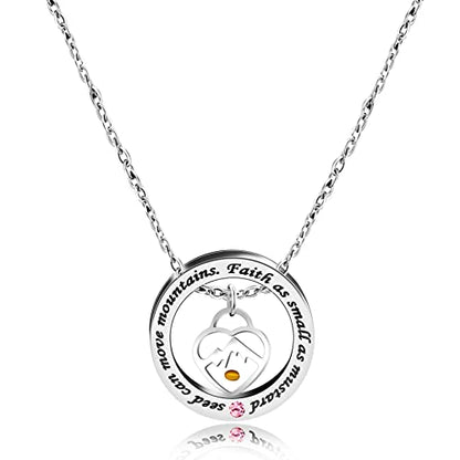 Uloveido Christian Circle Round Ring Necklace Engraved Faith As Small As A Mustard Seed Can Move Mountains Y958 - style: Pink CZ-heart mountain