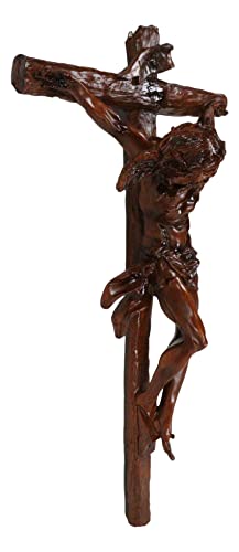 Ebros Large 19.75" High INRI Jesus Christ Crucified On The Cross Wall Hanging Crucifix Crosses Sculpture in Deep Brown Mahogany Faux Wood Like Finish Catholic Christian Home Decor Resin Plaque