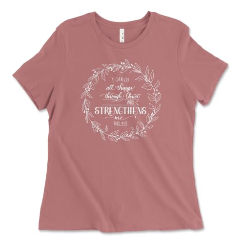 Christian Shirts for Women, Bible Verse Scripture, Jesus Faith Graphic Tee - color: Philippians 4:13 Wreath — Mauve, size: Medium