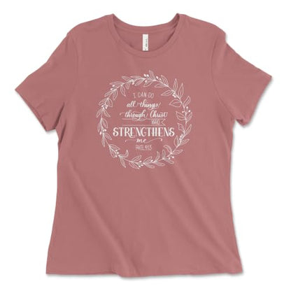 Christian Shirts for Women, Bible Verse Scripture, Jesus Faith Graphic Tee - color: Philippians 4:13 Wreath — Mauve, size: Medium