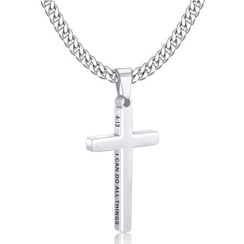 Gnamy Cross Necklace for Men Boys Stainless Steel Bible Verse Cross Pendant with Cuban Link Chain (22+2 Inches) | Christian Religious Jewelry Gifts - color: Silver, style: PHILIPPIANS 4:13
