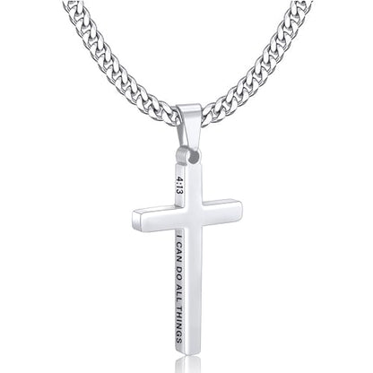 Gnamy Cross Necklace for Men Boys Stainless Steel Bible Verse Cross Pendant with Cuban Link Chain (22+2 Inches) | Christian Religious Jewelry Gifts - color: Silver, style: PHILIPPIANS 4:13