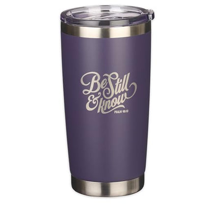 Christian Art Gifts Stainless Steel Double Wall Vacuum Insulated Tumbler 18 oz - color: Purple/Be Still