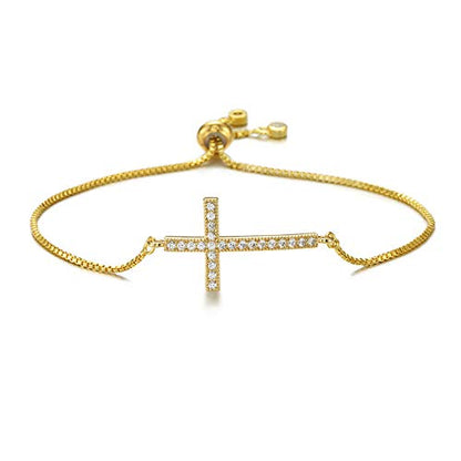 Classic Design AAA+ Cubic Zirconia Cross Charm Bracelets for Women Girl Adjustable Copper Chain Bracelet & Bangle Christian Jewelry Baptism Gift - color: 14K Gold Plated