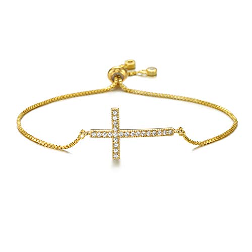 Classic Design AAA+ Cubic Zirconia Cross Charm Bracelets for Women Girl Adjustable Copper Chain Bracelet & Bangle Christian Jewelry Baptism Gift - color: 14K Gold Plated