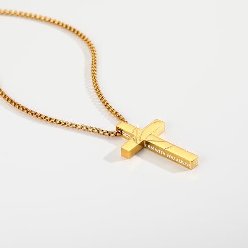 Gnamy Basketball Cross Necklace Gifts for Boys Men, Cross with Bible Verse Stainless Steel Pendant Chain Easter Christian Religious Jewelry Gifts for Him Kids Teenage Teens - color: Gold, style: MATTHEW 28:20