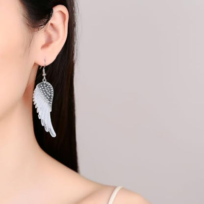 Angel Wings Dangle Earrings for Women Unique Rhinestones Copper Fairy Feather Guardian Dangle Drop Hook Womens Dangling Earrings Silver Plated Jewelry