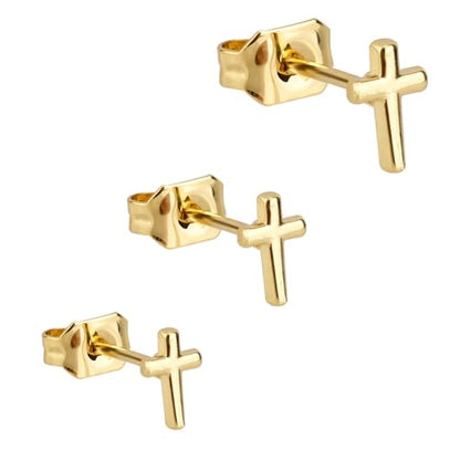 3pcs Cross Stud Earrings, 3 Size Flat Back Cross Stud Cartilage Piercing Jewelry for Women Men - color: Gold