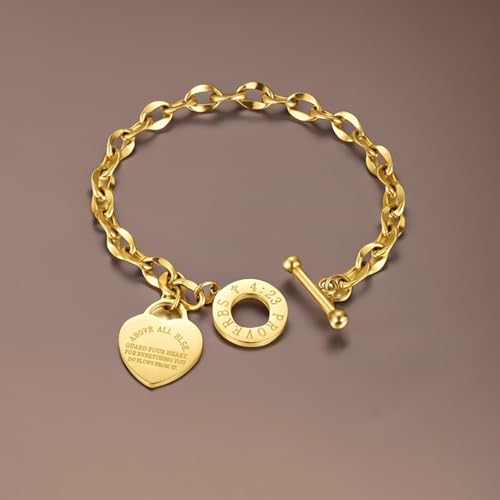 Heart Charm Bracelet Plated 18K Gold/Silver/Rose Gold Bible Scripture Heart Bracelet for Women Jewelry Gift Her Link Chain OT Clasp Stainless Steel - color: 18k Gold（9.1 inch）