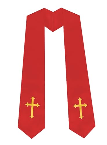 Unisex Clergy Stole with Embroidery Cross 72", Traditional Choir Stole - color: Red