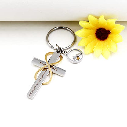 Uloveido Stainless Cross Infinity Keychain Mustard Seed Charms Psalm 46:5 Christian Bible Quote Keyring Baptism Gift - style: Round Mountain