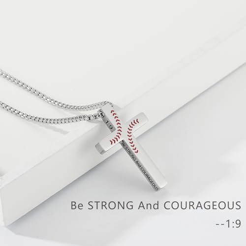 Baseball Bible Verse Cross Necklace for Boys Men, Stainless Steel Cross Pendant Baseball Game Day Christian Religious Jewelry Gifts for Teen Boys Kids - color: Silver, style: Joshua 1:9