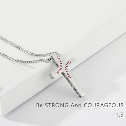 Baseball Bible Verse Cross Necklace for Boys Men, Stainless Steel Cross Pendant Baseball Game Day Christian Religious Jewelry Gifts for Teen Boys Kids - color: Silver, style: Joshua 1:9