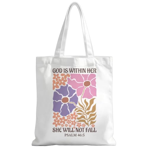 Christian Tote Bag Religious Gifts Canvas Bags for Women Men Shopping Work Gym Picnic Travel - color: God is Within Her She Will Not Fall Psalm 46:5
