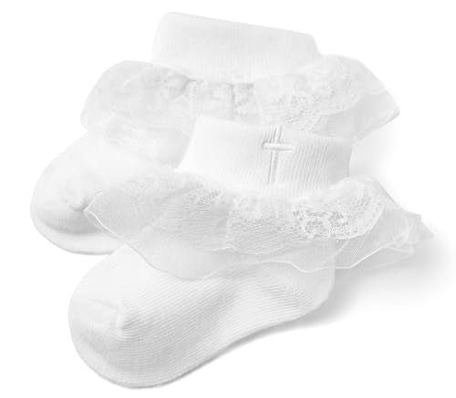 Baptism Socks for Baby Girls - White Newborn Christening Socks With Cross & Eyelet Frilly Lace - color: A-white