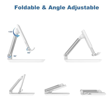 Cell Phone Stand,Adjustable Angle Height Phone Stand for Desk,Fully Foldable/Portable Phone Holder with Silicon Pad for iPhone 16/15/14/13/12/Smartphones,All Mobile Phones (White) - color: White