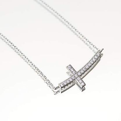 A+O Sideways Cross Necklace, Religious Gift in Silver, Rose Gold or Gold