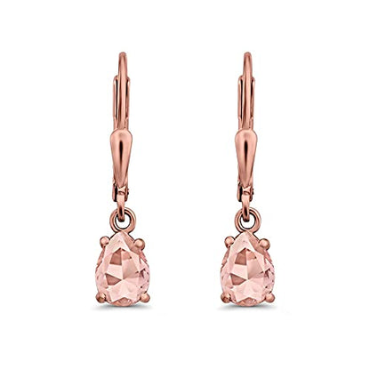 Teardrop Bridal Dangling Leverback Earrings Pear Cubic Zirconia 925 Sterling Silver - color: Rose Tone, Simulated Morganite CZ