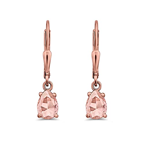 Teardrop Bridal Dangling Leverback Earrings Pear Cubic Zirconia 925 Sterling Silver - color: Rose Tone, Simulated Morganite CZ