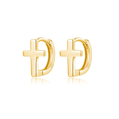 Reffeer Solid 925 Sterling Silver Cross Hoop Earrings for Women Teen Girls Small Cross Huggie Earrings Cartilage Helix - color: B-Yellow