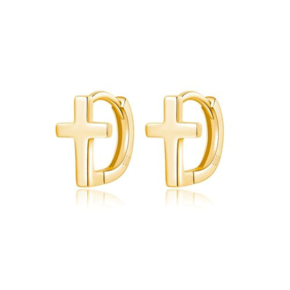 Reffeer Solid 925 Sterling Silver Cross Hoop Earrings for Women Teen Girls Small Cross Huggie Earrings Cartilage Helix - color: B-Yellow
