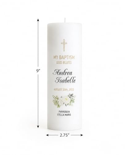 WHITEROOM Personalized Baptism Candle, White Religious Ceremony Candle with Cross Design, Floral Decoration, Custom and Personalized Name and Date (9" x 2.75") - size: 9" x 2.75"
